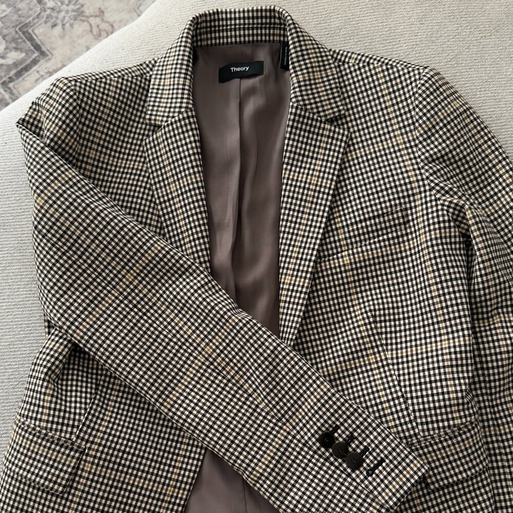 Theory Checkered Classic Boho One Button Blazer J… - image 1